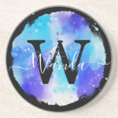 Grungey Blue Watercolor Monogram Calligraphy Getränkeuntersetzer (Vorne)