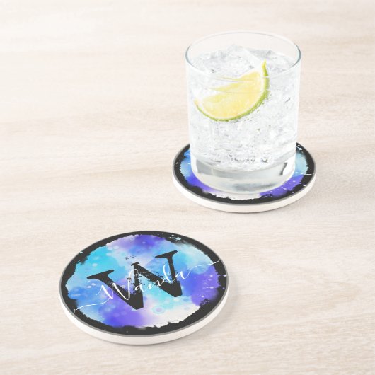 Grungey Blue Watercolor Monogram Calligraphy Getränkeuntersetzer (Seite)