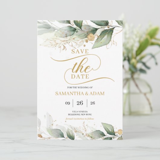 Grüngold Blätter Eukalyptus Save the Date Einladung (Stehend Vorderseite)