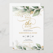 Grüngold Blätter Eukalyptus Save the Date Einladung (Vorne/Hinten)