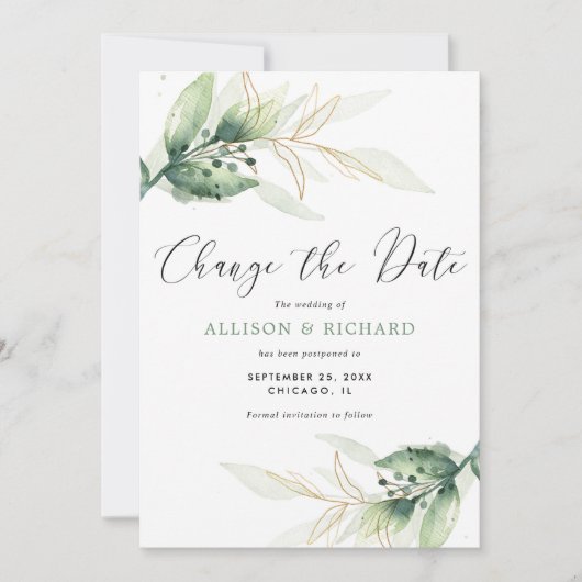 Grüngold einfach Ändern Datum Hochzeit Einladung (Vorderseite)