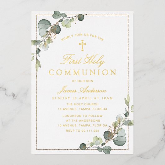 Grüngold erste heilige Kommunion Folieneinladung (Vorderseite)
