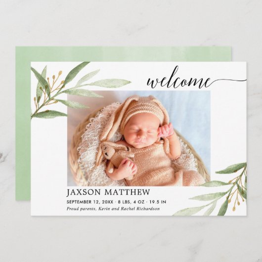 Grüngold Willkommensankündigung der Geburt (Vorne/Hinten)