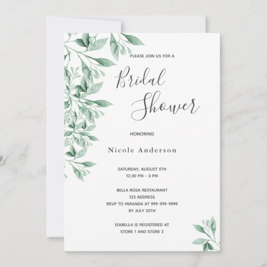 Grüngrünes botanisches Skript-Brautparty Einladung (Vorderseite)