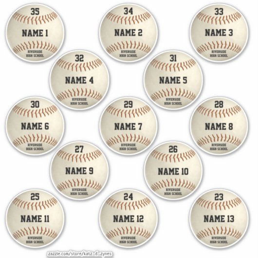 Grungy Baseballs Set mit 13 Spielernamen Aufkleber (Vorderseite)