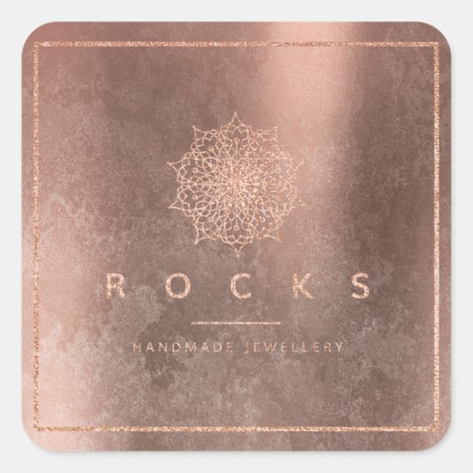 Grungy Cooper Pink Rose Gold Mandala Rocks Quadratischer Aufkleber (Vorderseite)