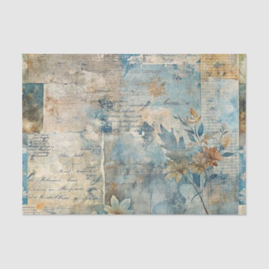 Grungy Distressed Blue Floral Ephemera Collage Seidenpapier (Vorderseite)
