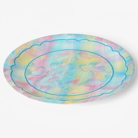 grungy-gestrichen-Florals-Kariert-1-Scallop Pappteller (Schrägansicht)