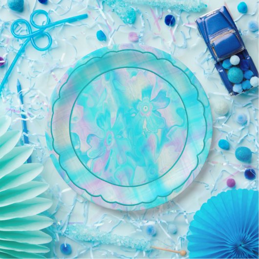 grungy-gestrichen-Florals-Kariert-3-Scallop Pappteller (Party)