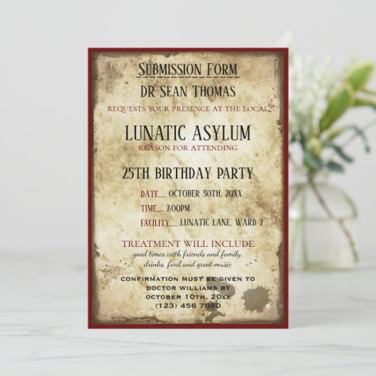 Grungy Lunatic Asylum Birthday Einladung (Stehend Vorderseite)