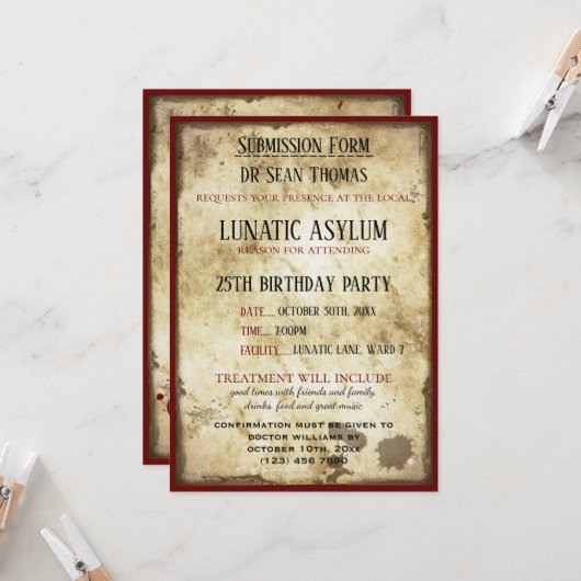 Grungy Lunatic Asylum Birthday Einladung (Vorderseite/Rückseite Beispiel)