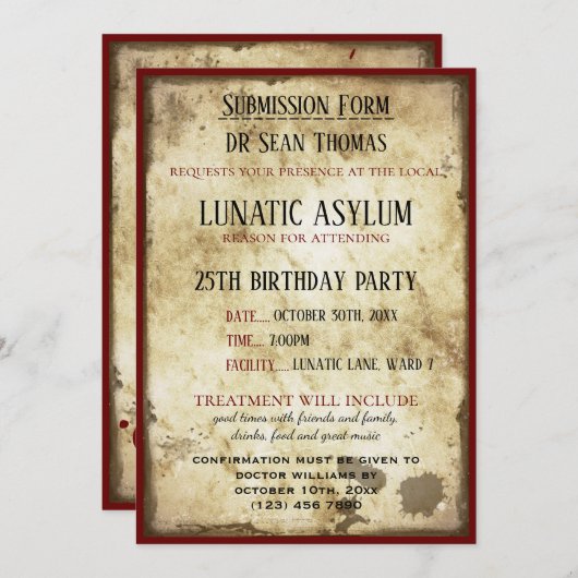 Grungy Lunatic Asylum Birthday Einladung (Vorne/Hinten)
