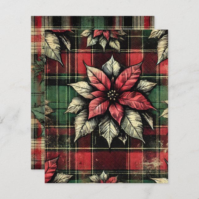 Grungy Poinsettia Kariertes Fabric Scrapbook Paper (Vorne/Hinten)