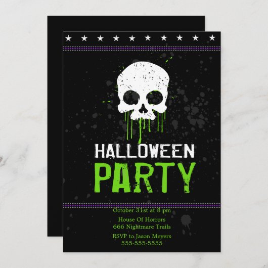 Grungy Skulls Halloween-Party Einladungen (grün) (Vorne/Hinten)