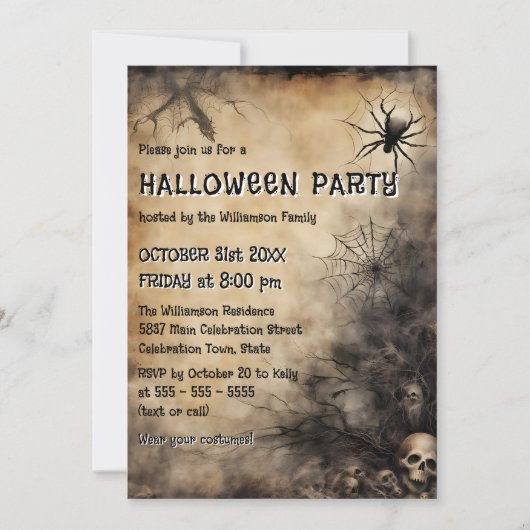 Grungy Spiderweb Skulls und Bare Tree Halloween Einladung (Vorderseite)