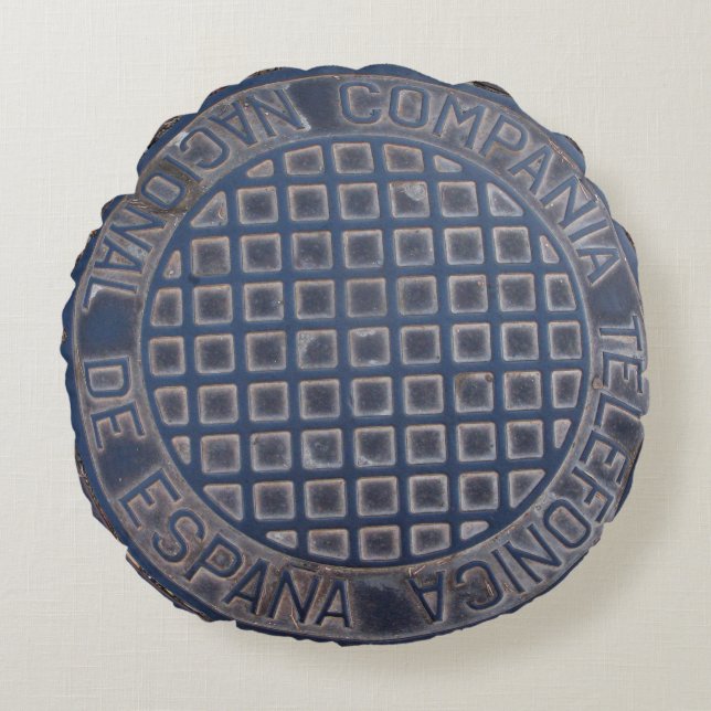Grungy Telefonica Espanica Manhole Rundes Kissen (Vorderseite)