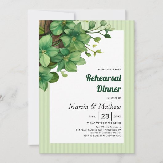 Grünholz und Streifen Hochzeitsessen Probe Einladung (Vorderseite)