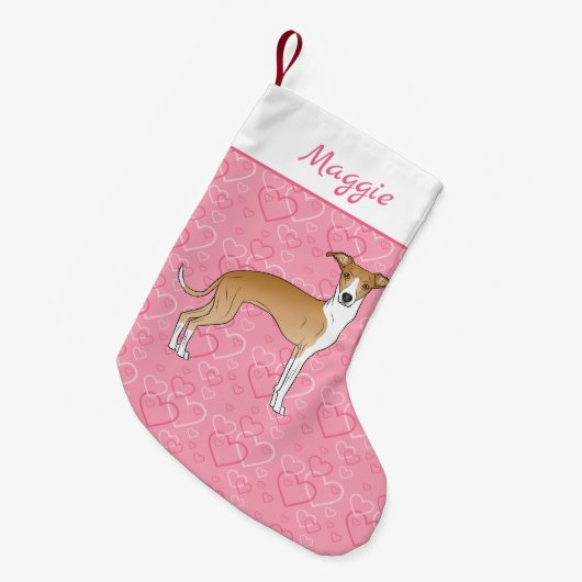 Grünhund aus Weiß und Fauna auf rosa Herzen Kleiner Weihnachtsstrumpf (Vorderansicht (hängend))