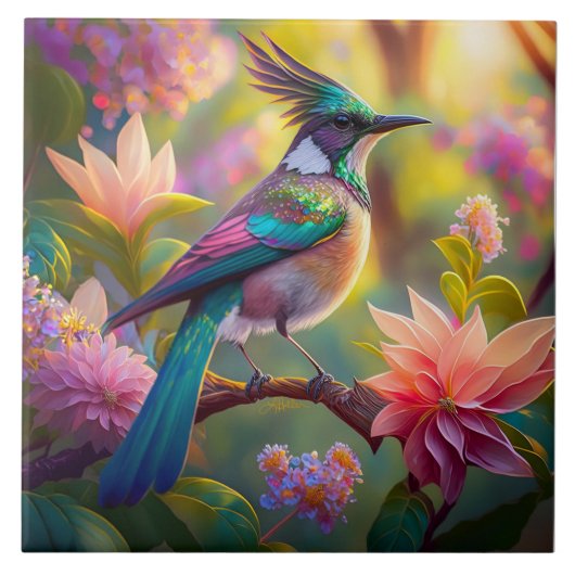 Grünköpfiger Jay-Fantasievogel Fliese (Vorderseite)