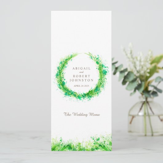 Grünkranz Aquarell Hochzeitsmenü Menükarte (Stehend Vorderseite)