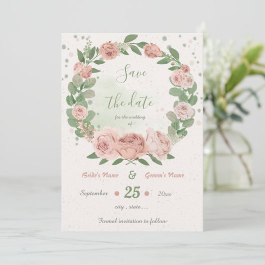 Grünkranz der Blume in Rosa Save The Date (Stehend Vorderseite)