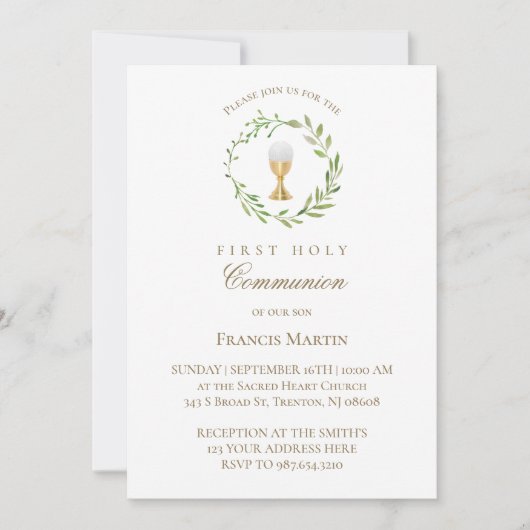 Grünkranz in Aquarellfarbe erste heilige Kommunion Einladung (Vorderseite)