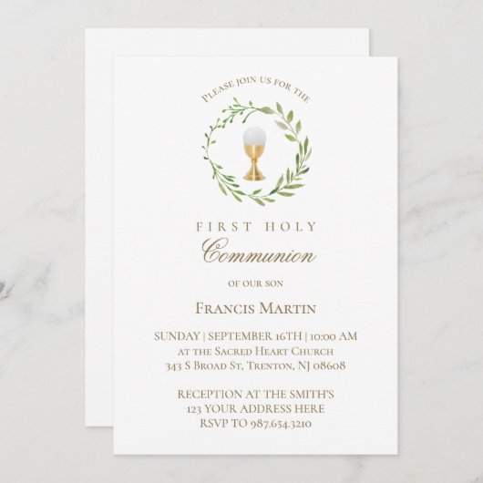 Grünkranz in Aquarellfarbe erste heilige Kommunion Einladung (Vorne/Hinten)