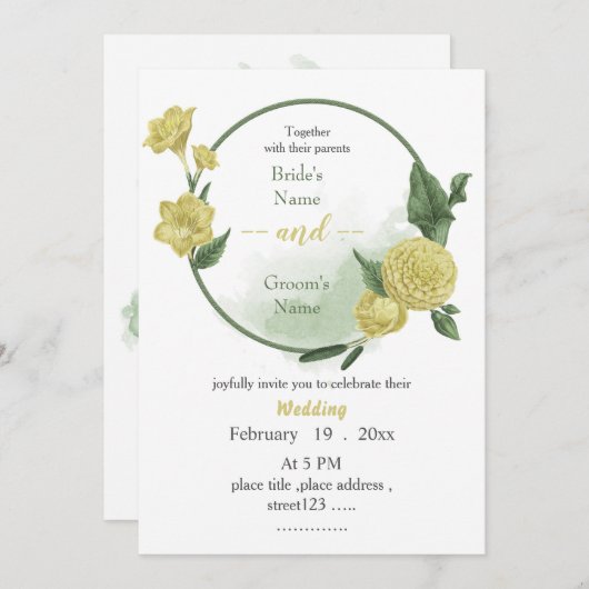 Grünkranz mit gelben Blumen Einladung (Vorne/Hinten)