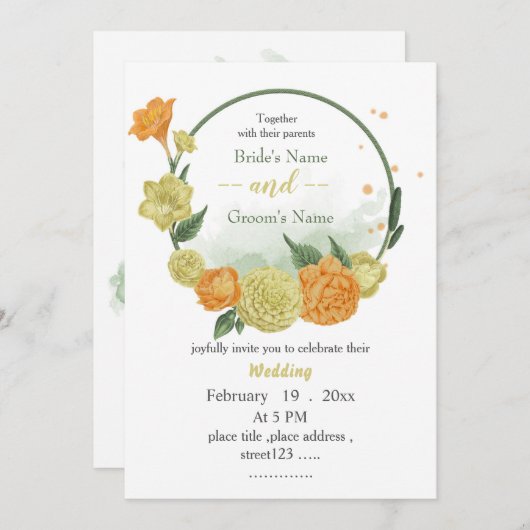 Grünkranz mit gelben und orangefarbenen Blume Einladung (Vorne/Hinten)