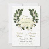 Grünkranz mit weißer und goldener Blume Save the D Einladung (Vorderseite)