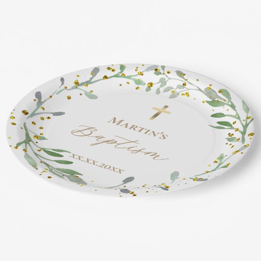 Grünkranz Taufen Pappteller (Schrägansicht)