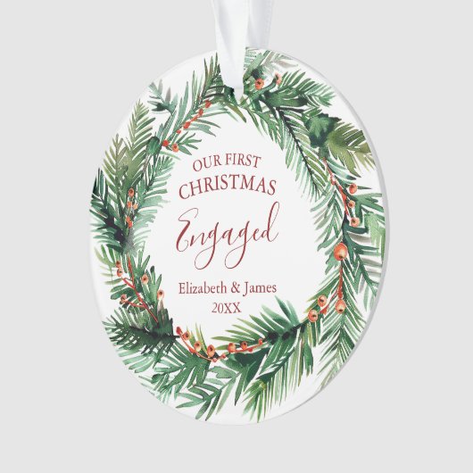 Grünkranz Unser erstes Weihnachtsfest Verlobt Ornament (Vorderseite)