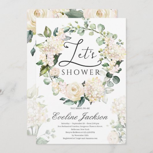 Grünkraut, weiß Rosen goldfarben geometrisch Einladung (Vorne/Hinten)