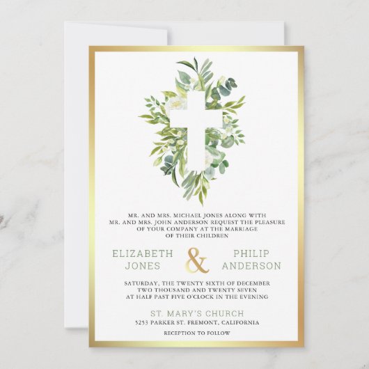 Grünkreuz in einer katholischen Hochzeit Einladung (Vorderseite)