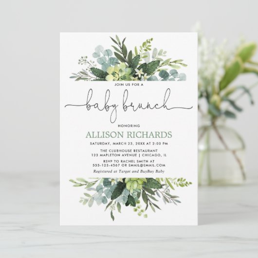 Grünlaub-Baby-Brunch des Geschlechtes neutraler Einladung (Stehend Vorderseite)