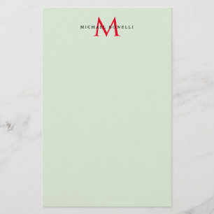 Grünlich Grau & Rot Monogramm Modern Minimalistisc Briefpapier