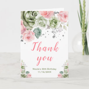 Grünlich und rosa florale Geburtstagsgrüße Dankeskarte