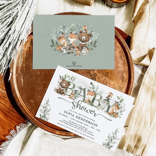 Grünpflanze Waldtiere neutrale Babydusche Einladung