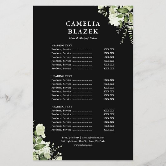 Grünpflanzen 2-seitige schwarze Service-Menü-Preis Flyer (Vorne)
