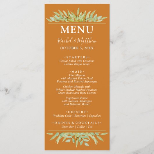 Grünpflanzen auf der Ochre-Hochzeit im Herbst Menükarte (Vorderseite)