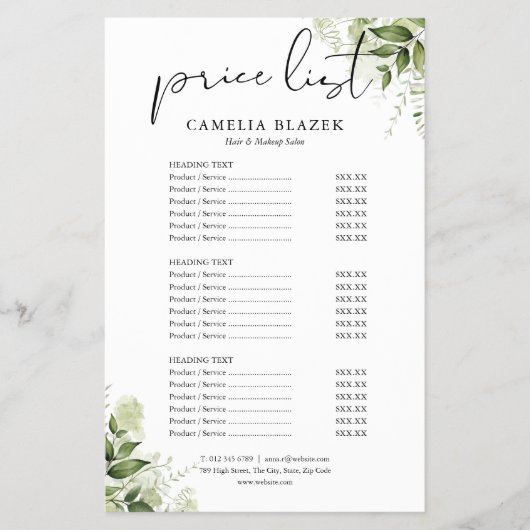 Grünpflanzen Blumen 2-seitiges Service-Menü Preisl Flyer (Vorne)