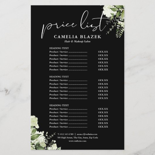 Grünpflanzen-Blumensalon-Service-Menü-Preisliste Flyer (Vorne)