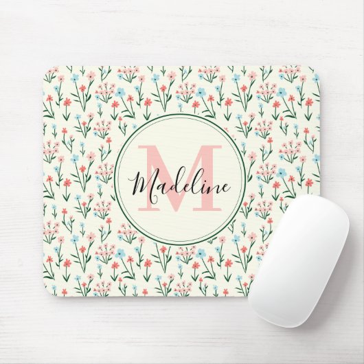 Grünpflanzen Botanische Blume Rosa Monogramm Mousepad (Mit Mouse)