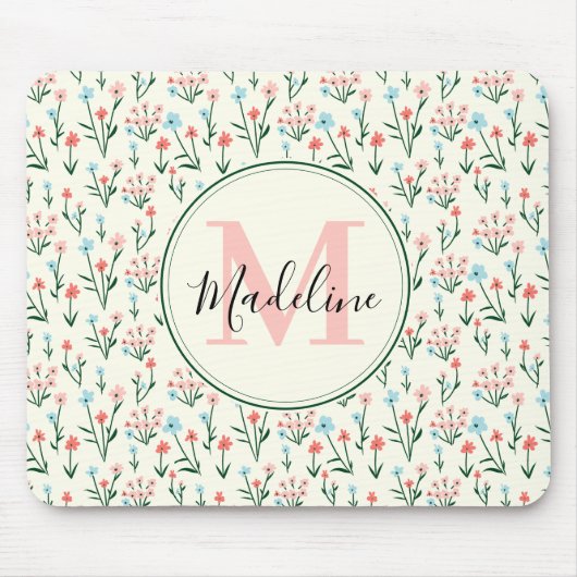 Grünpflanzen Botanische Blume Rosa Monogramm Mousepad (Vorne)