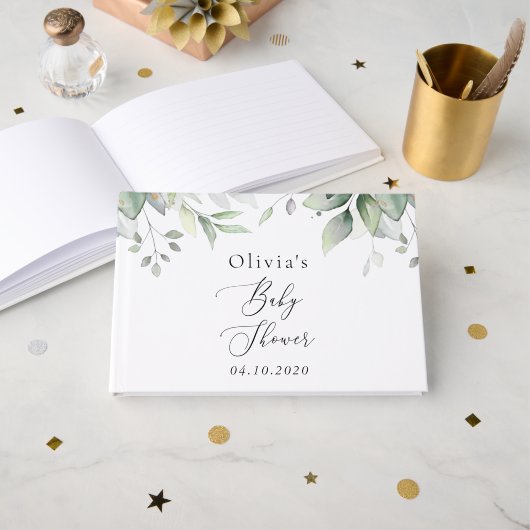 Grünpflanzen, Eukalyptus-Blätter, Boho, Babydusche Gästebuch (Vorderseite Offen)