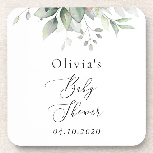 Grünpflanzen, Eukalyptus-Blätter, Boho, Babydusche Getränkeuntersetzer (Vorderseite)