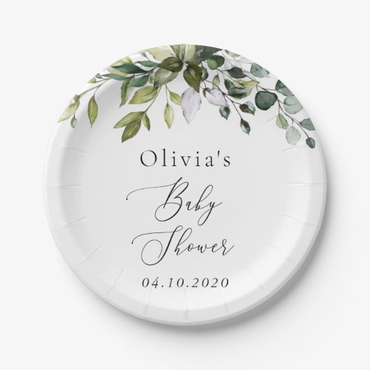 Grünpflanzen, Eukalyptus-Blätter, Boho, Babydusche Pappteller (Vorderseite)