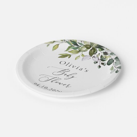 Grünpflanzen, Eukalyptus-Blätter, Boho, Babydusche Pappteller (Schrägansicht)