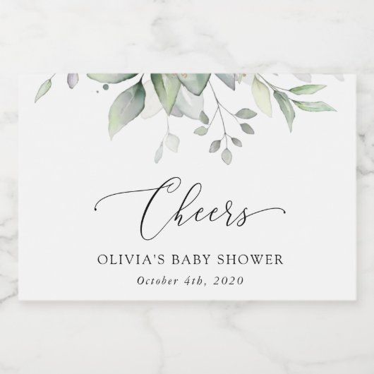 Grünpflanzen, Eukalyptus-Blätter, Boho, Babydusche Schaumweinetikett (Einzelnes Label)