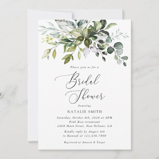 Grünpflanzen, Eukalyptus-Blätter, Boho, Brautparty Einladung (Vorderseite)